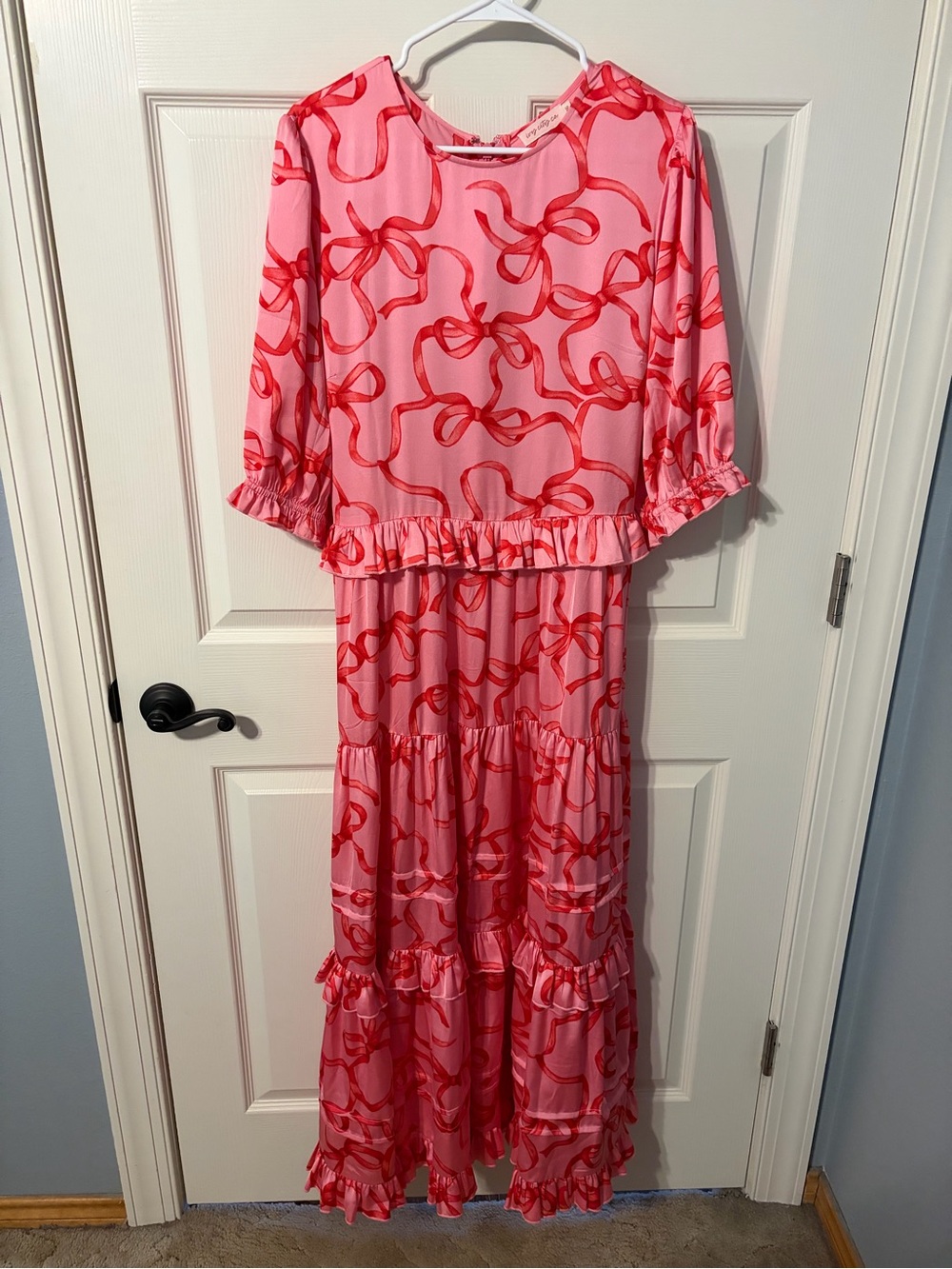 Ivy City Co Pink Maxi Dress with Red Ribbon Print